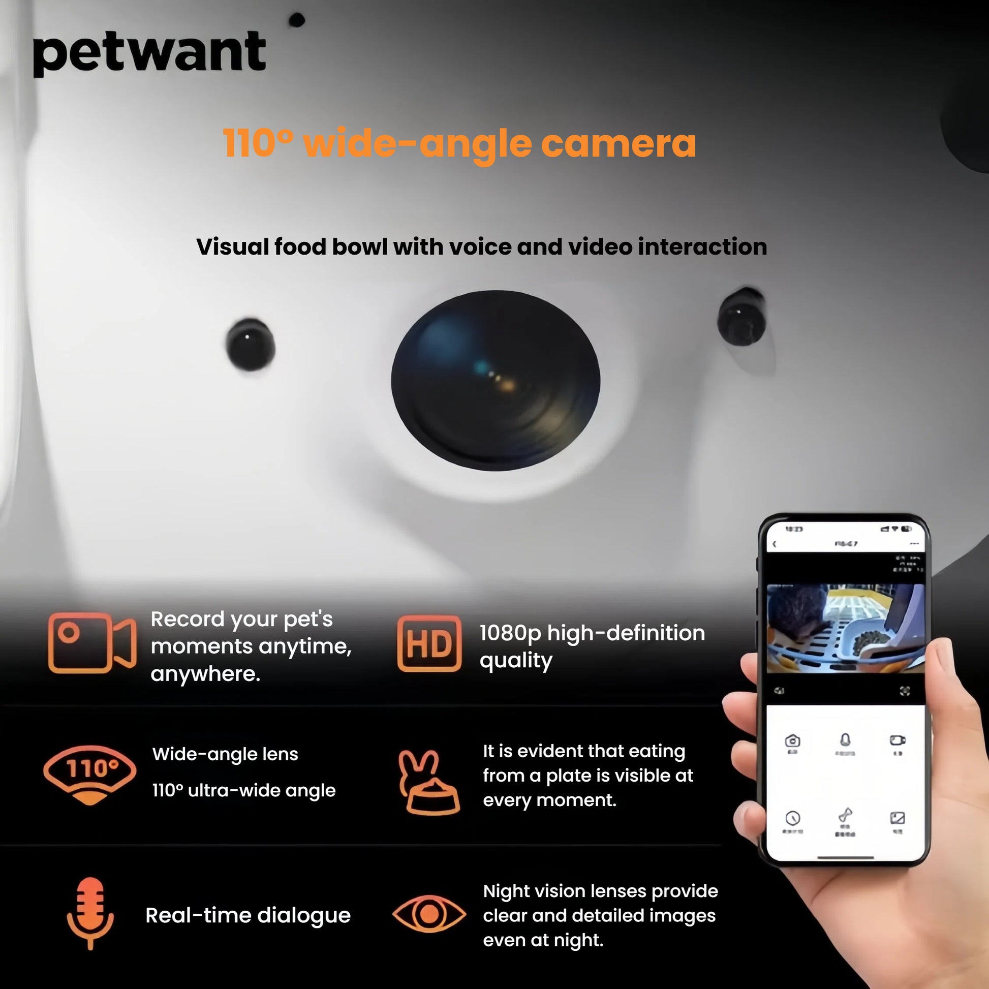 Petwant smart pet feeder with 110° wide-angle camera, 1080p HD video quality, night vision, and two-way audio – monitor and talk to your pet remotely via smartphone app