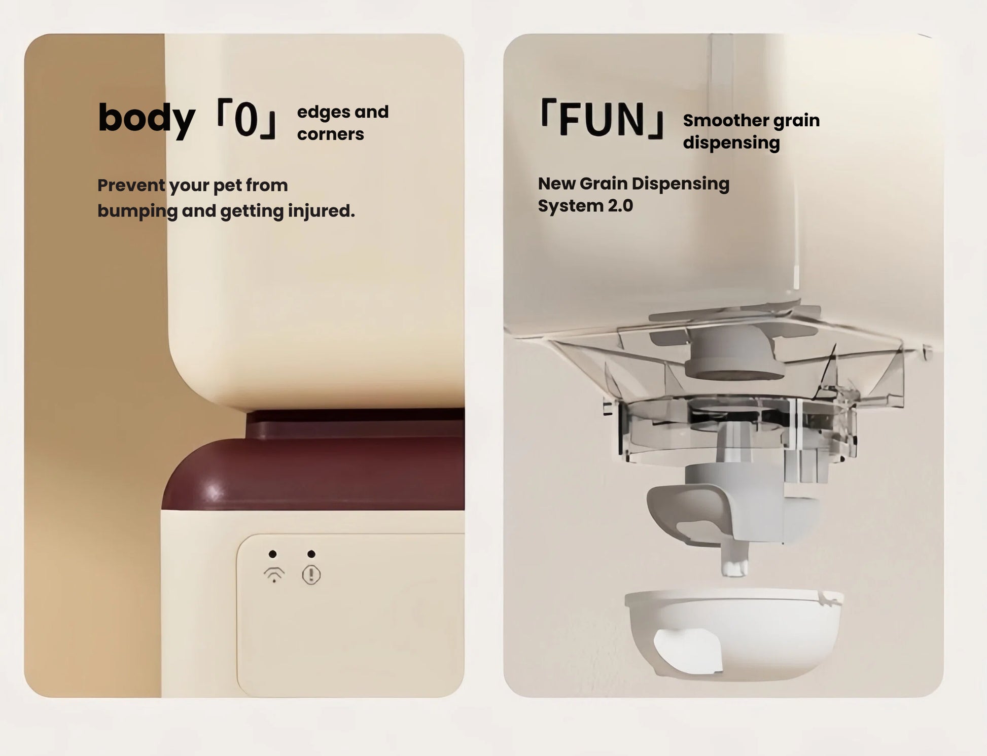 Petwant retro pet feeder featuring rounded edges to prevent pet injury and advanced FUN Grain Dispensing System 2.0 for smoother, reliable food delivery