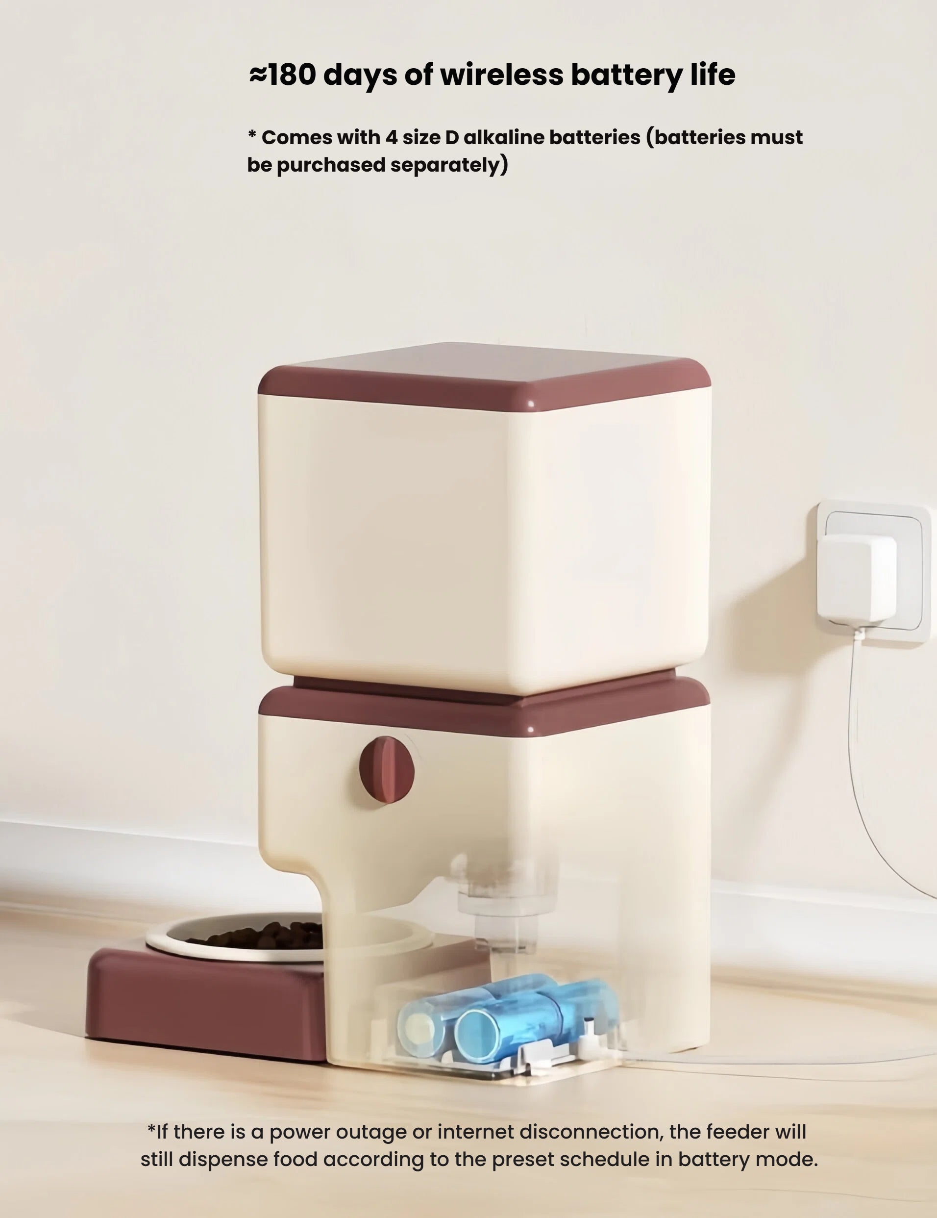 Petwant retro Wi-Fi pet feeder with visible battery compartment — powered by 4 size D alkaline batteries (sold separately), offering up to 180 days of wireless operation