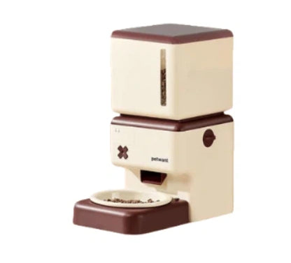 Petwant retro Wi-Fi pet feeder in cream and brown color — a vintage-inspired automatic pet food dispenser with sleek design, digital control panel, and built-in bowl for cats and dogs