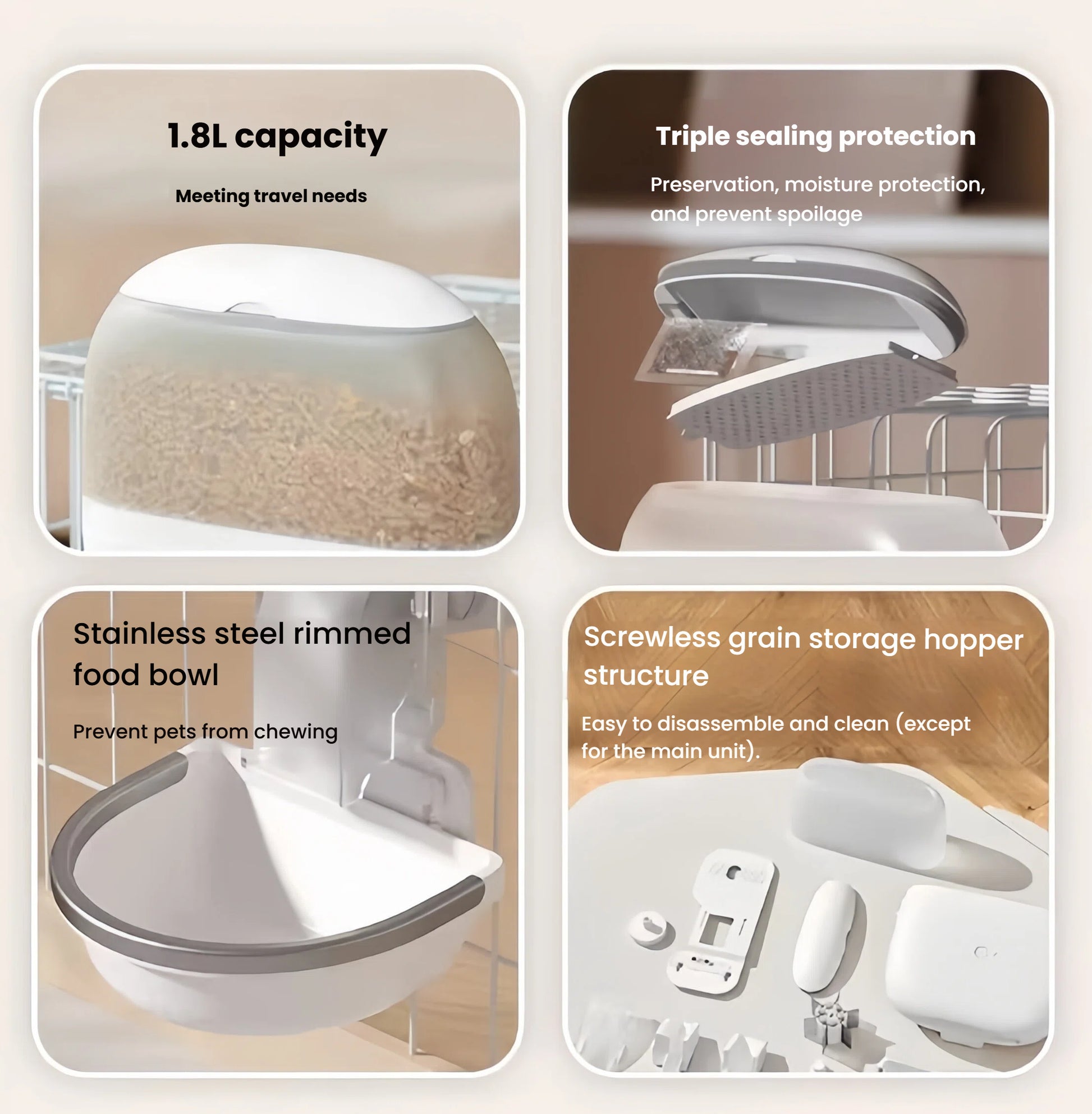 Petwant automatic pet feeder features: 1.8L food storage capacity, triple sealing protection for freshness, stainless steel rimmed food bowl to prevent chewing, and screwless grain hopper for easy cleaning