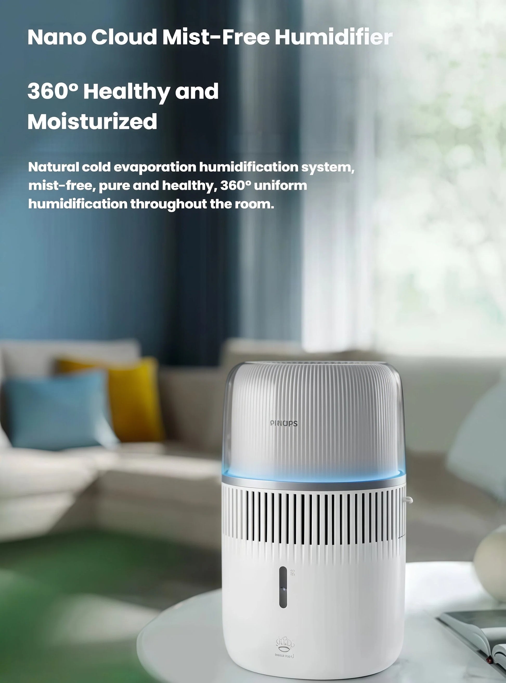 Philips 5000 Series mist-free humidifier using natural cold evaporation for uniform 360-degree moisture distribution in rooms