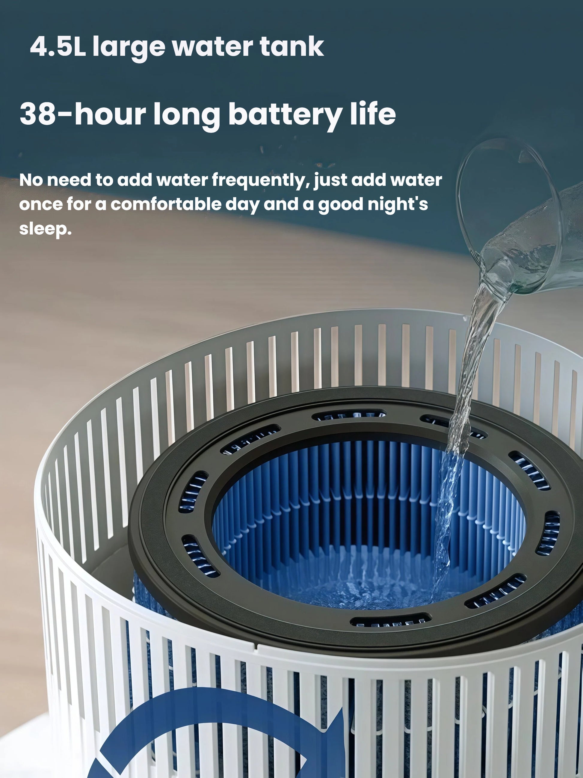  Philips 5000 Series humidifier with 4.5L water tank, easy-fill design for up to 38 hours of continuous use without refilling
