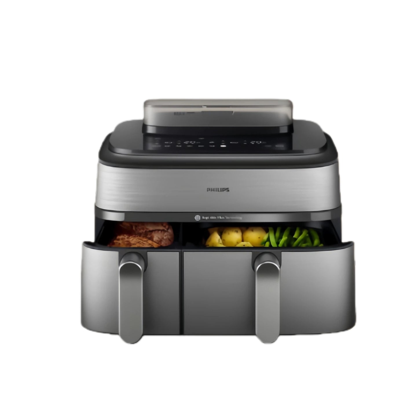 The Philips 5000 Series XXL Dual Basket Airfryer shown from the front with both drawers open, displaying cooked meat in the large basket and vegetables in the smaller one.