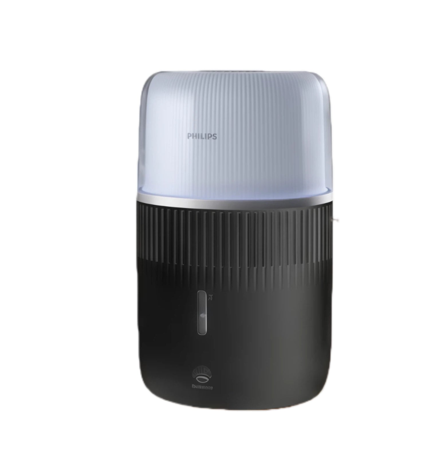 Philips 5000 Series mist-free humidifier in black, compact design with blue ambient light and vertical grille