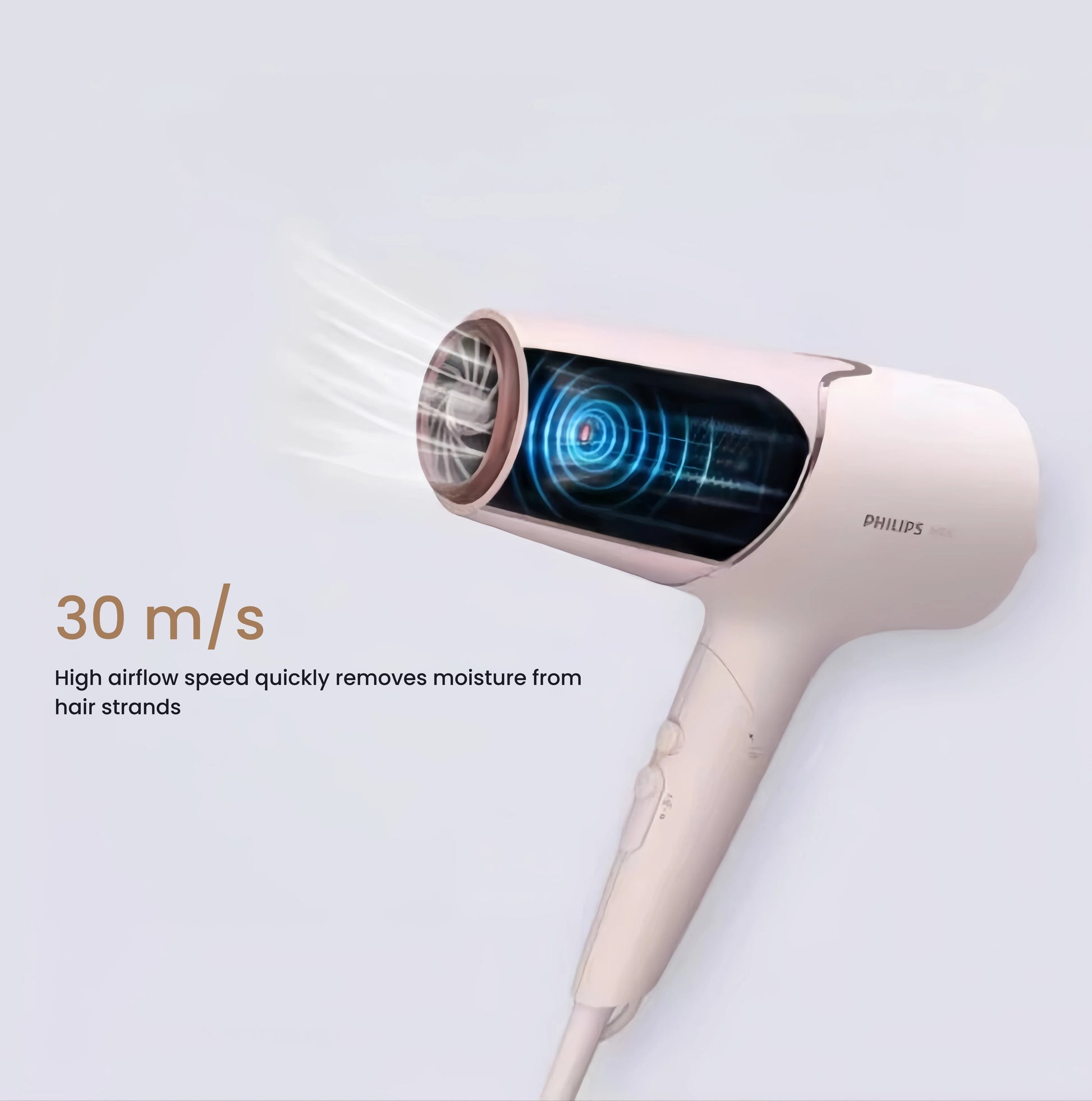 Close-up of Philips 5000 Series hair dryer showing internal high-speed motor and optimized airflow system that removes moisture quickly from hair strands at 30 m/s.