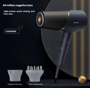 Philips 5000 Series hair dryer with foldable handle, shaped air inlet nozzle for focused drying, and scalp massage nozzle for gentle styling and comfort.