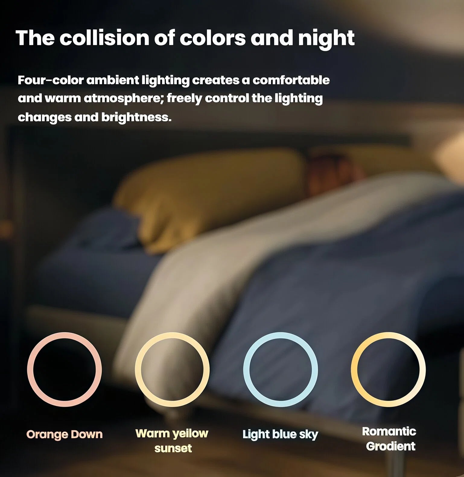 Philips 5000 Series humidifier with four-color ambient lighting: orange dawn, warm yellow sunset, light blue sky, and romantic gradient for cozy night atmosphere
