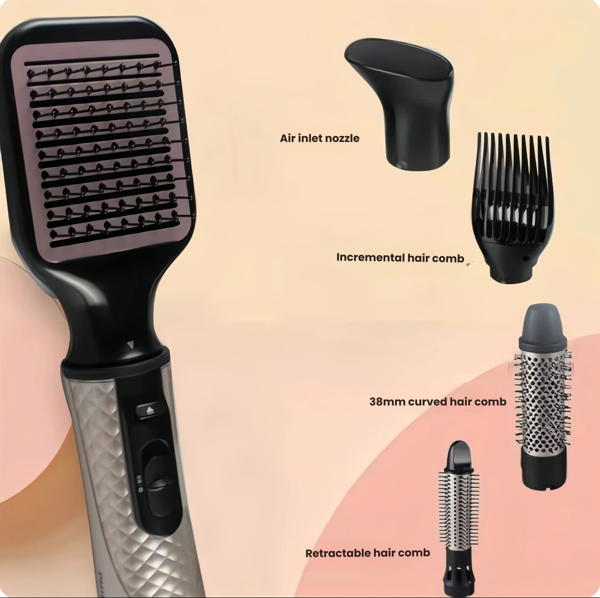 Philips Advanced Air Styler complete set with five attachments: air inlet nozzle, incremental hair comb, retractable hair comb, 38mm curved hair comb, and 30mm round brush for versatile styling.