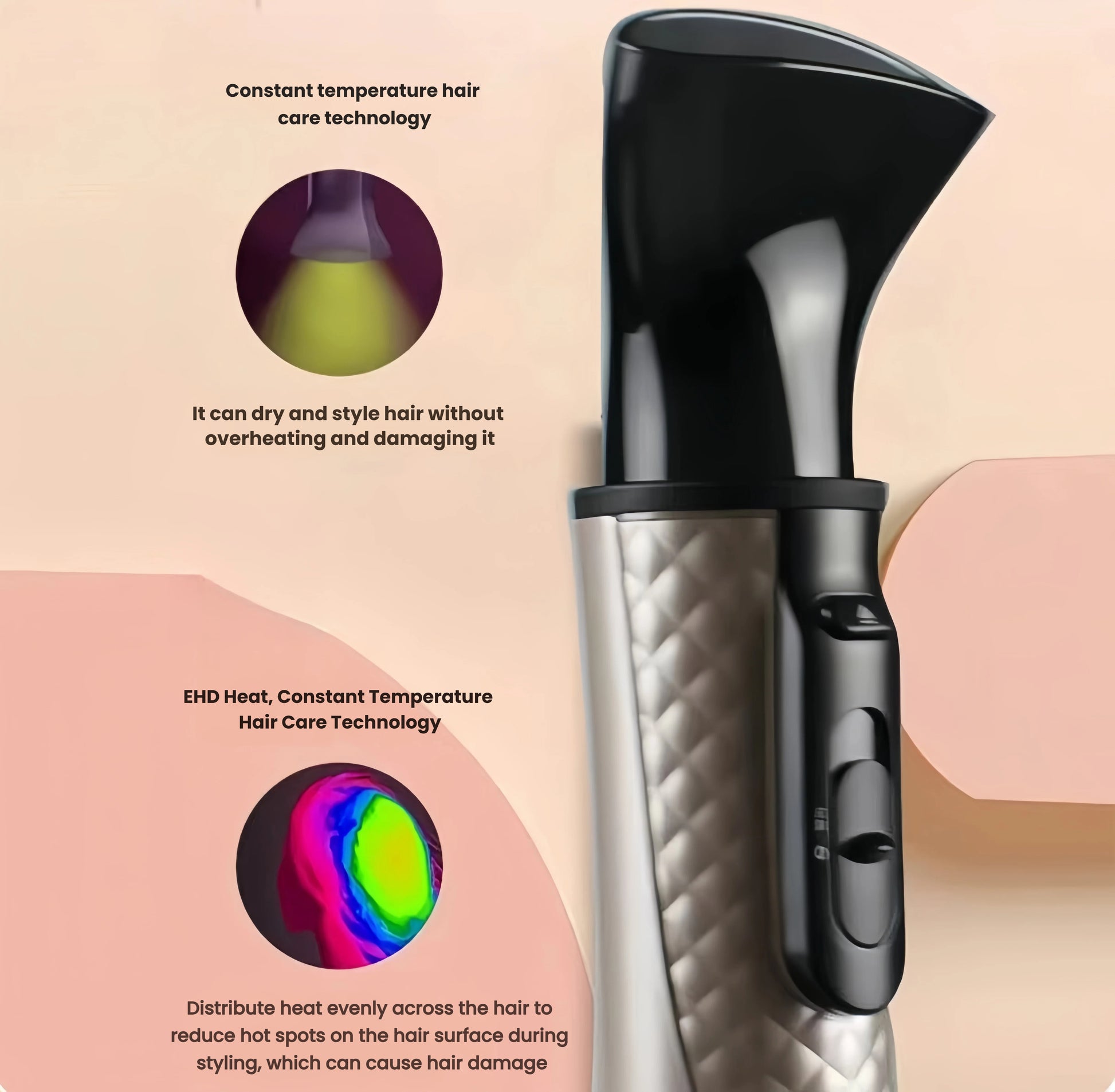 Philips Advanced Air Styler featuring EHD heat and constant temperature hair care technology that distributes heat evenly to prevent hot spots and reduce hair damage during styling.