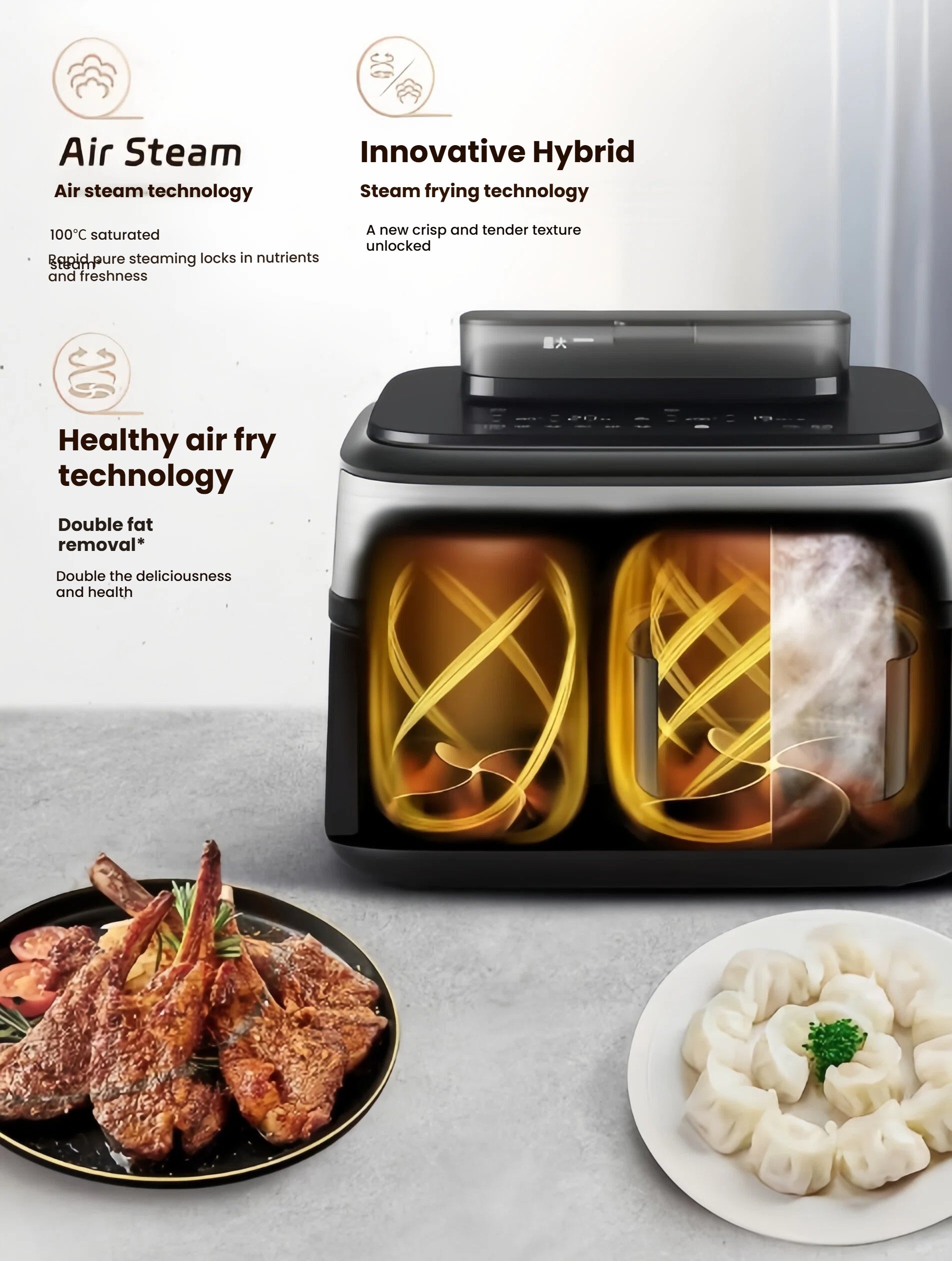 An infographic explaining the advanced technologies of the Philips Airfryer: Air Steam for locking in nutrients, Innovative Hybrid steam frying for a crisp and tender texture, and Healthy Air Fry technology for fat removal.