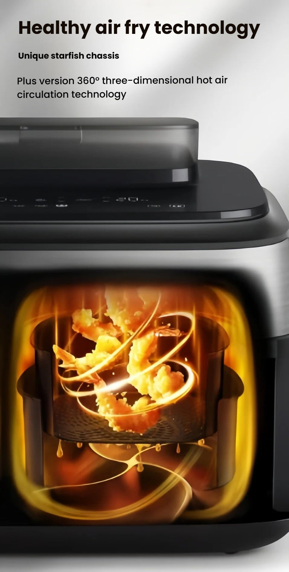 A close-up graphic illustrating the Philips Airfryer's healthy air fry technology, featuring the unique starfish chassis and 360-degree three-dimensional hot air circulation cooking shrimp to a crispy finish.