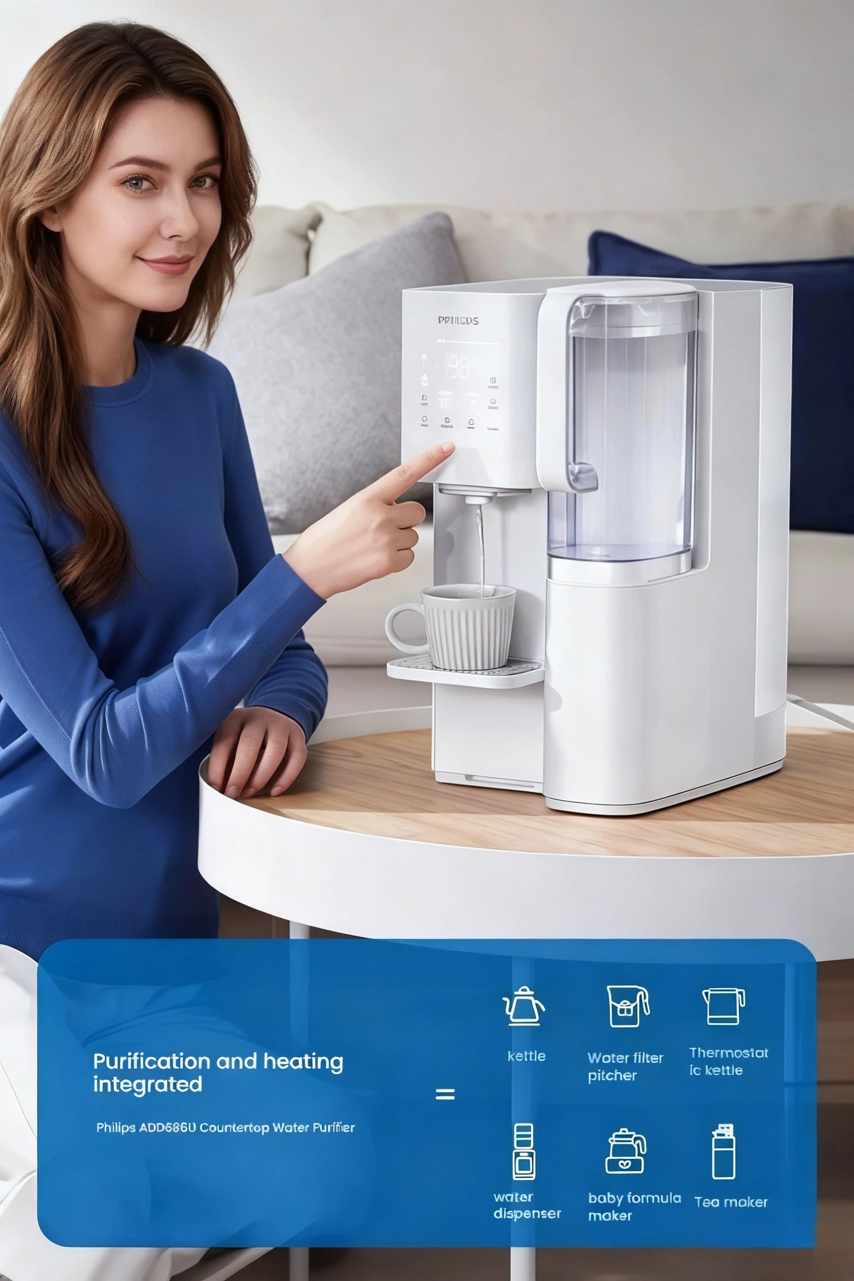 A woman dispensing hot water into a cup from the Philips ADD686U countertop water purifier, which integrates purification and heating to replace multiple kitchen appliances like kettles and filter pitchers.