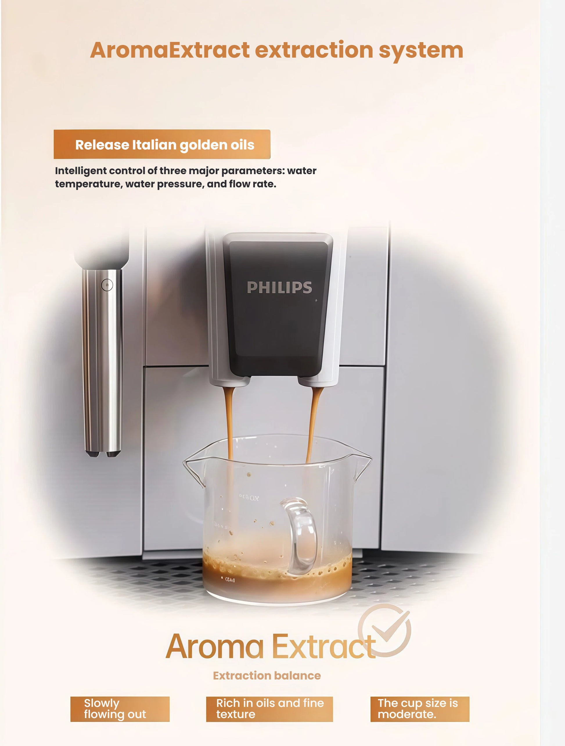 Philips AromaExtract system on EP1221 espresso machine, highlighting intelligent control of water temperature, pressure, and flow rate for optimal extraction.
