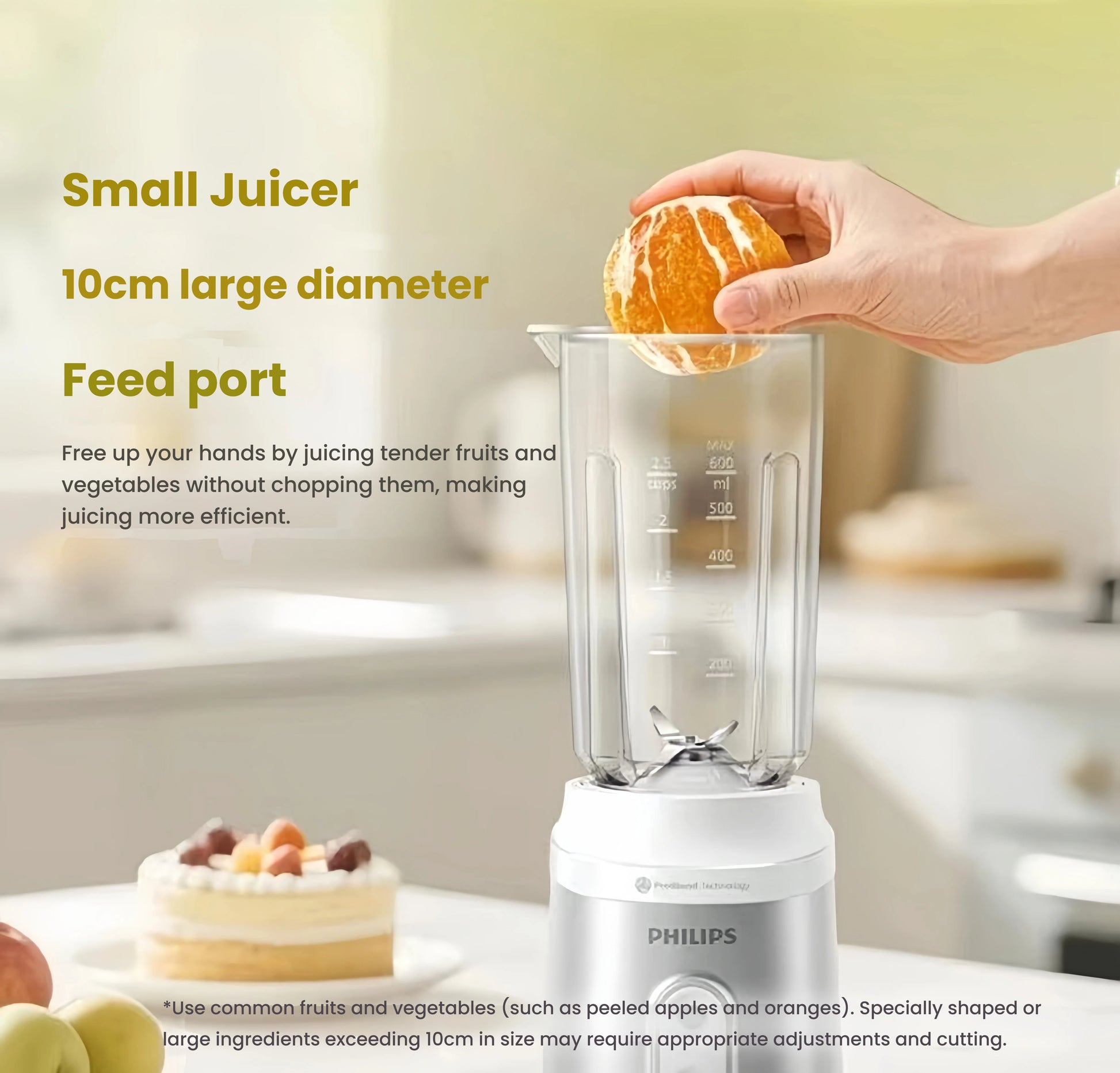 Philips Avent baby food maker with 10cm wide feed port allowing whole peeled oranges, apples, and other large fruits to be blended without pre-cutting—saving time and effort.