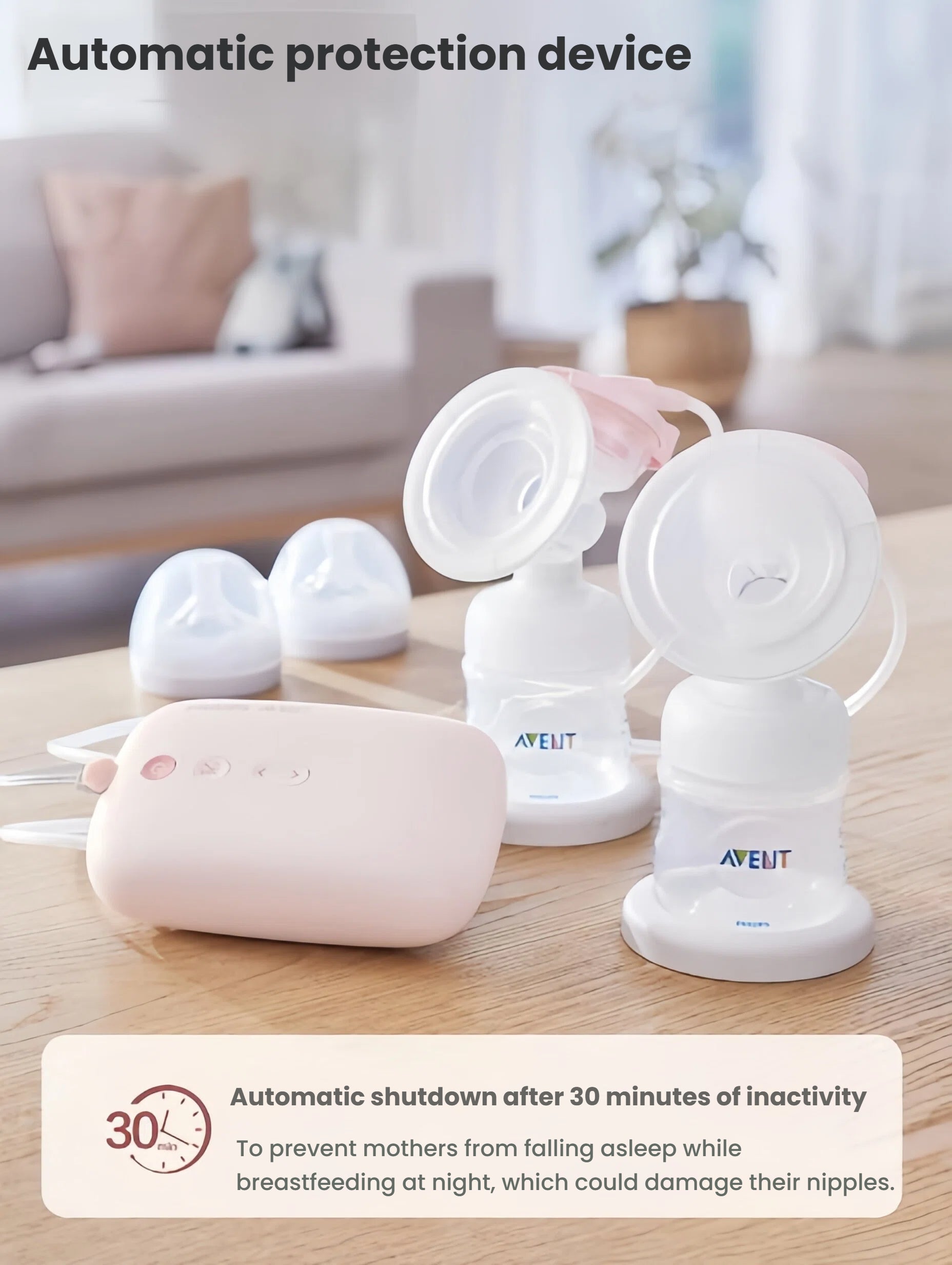 Philips Avent double electric breast pump on wooden table with automatic shutdown feature highlighted. Prevents nipple damage by turning off after 30 minutes of inactivity.