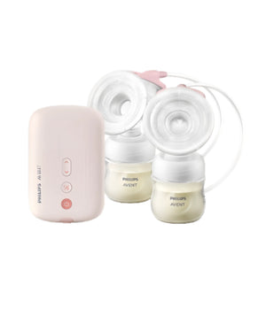 Philips Avent double electric breast pump with pink motor unit, two transparent bottles filled with milk, and clear silicone flanges. Designed for efficient and comfortable dual pumping at home or on the go.