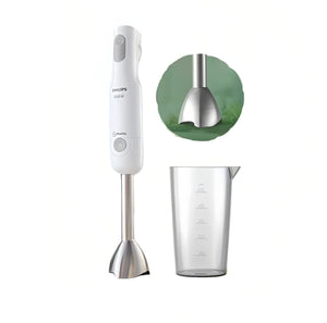 White Philips Avent handheld baby food blender with 650W motor and stainless steel blade, shown with clear 250ml measuring cup for smooth purees and healthy meals.