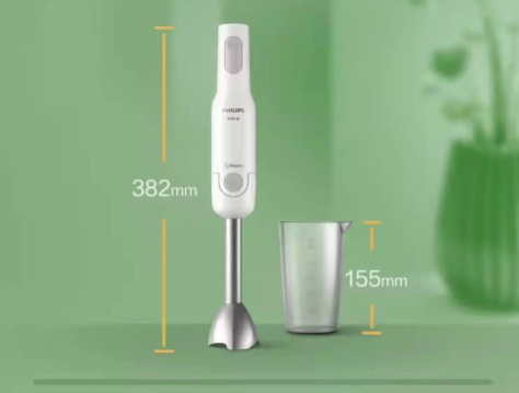 Dimensions of Philips Avent handheld baby food blender: 382mm tall with 155mm measuring cup—compact and ergonomic design fits easily in kitchen drawers.
