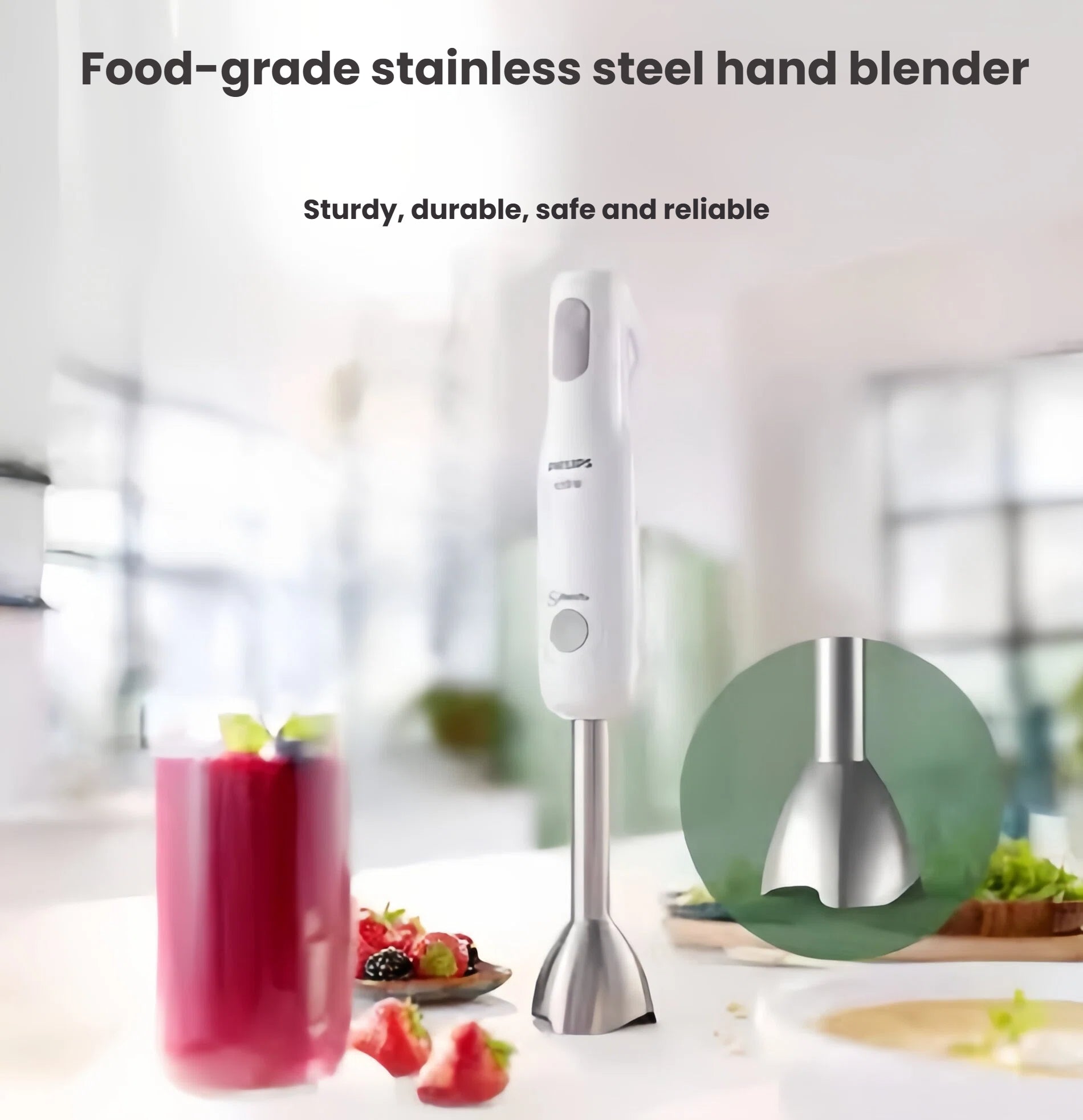 Philips Avent handheld baby food blender standing upright next to a vibrant red smoothie, showcasing its use for nutritious meals and drinks in modern kitchens.