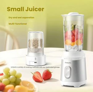Philips Avent baby food maker showing dual functionality: main jar with chopped fruits ready to blend and mini grinder with ground nuts or grains—perfect for homemade baby meals and family snacks.