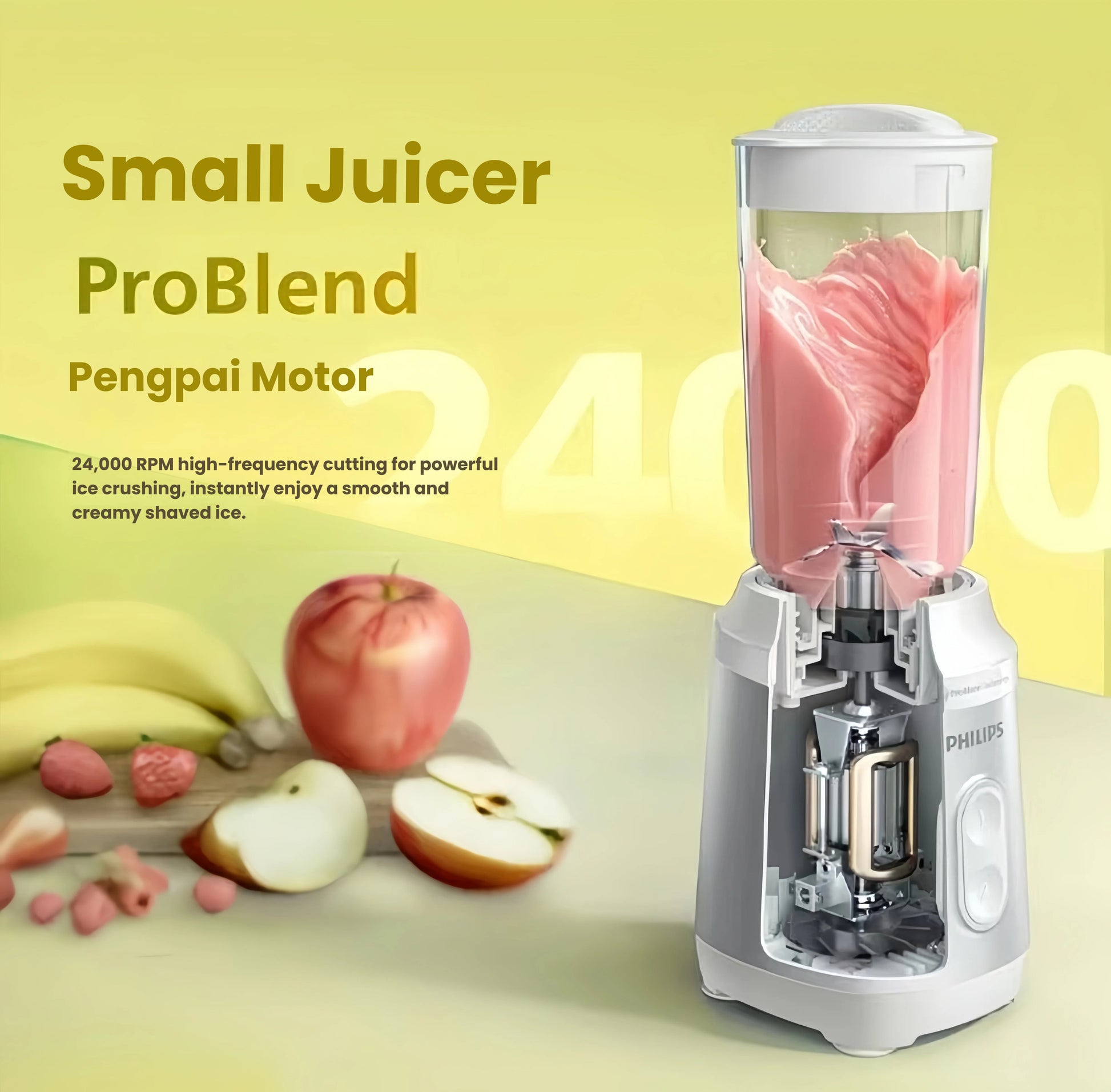 Cutaway view of Philips Avent ProBlend motor with 24,000 RPM high-frequency blades crushing ice into smooth, creamy shaved ice—ideal for baby food, smoothies, and milkshakes.