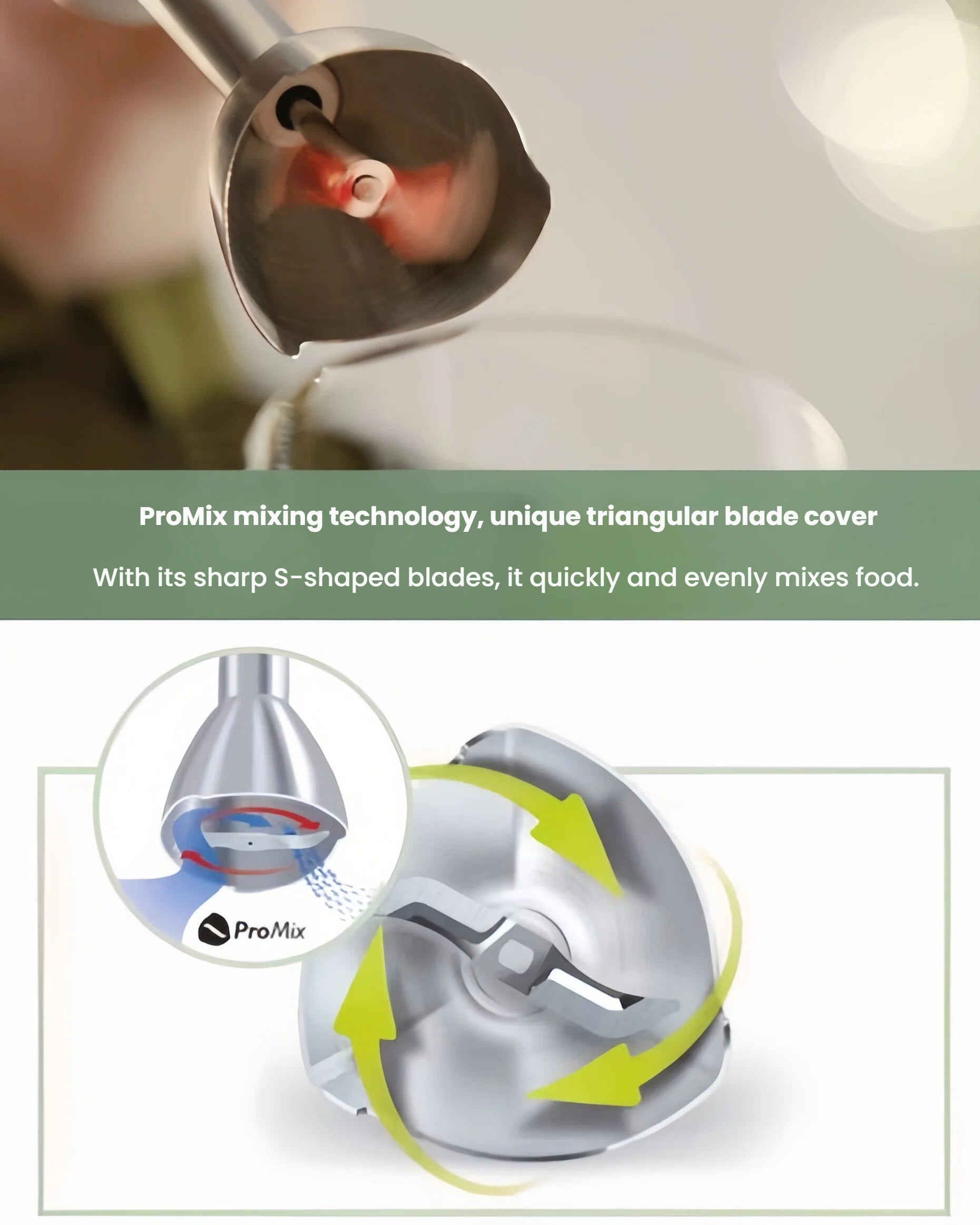 Close-up of Philips Avent ProMix mixing technology featuring sharp S-shaped blades and triangular blade cover for faster, smoother blending of baby food and purees.