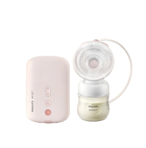 Philips Avent single electric breast pump in blush pink showing motor unit with control buttons, clear bottle with milk, and soft silicone cushion attached via tubing.