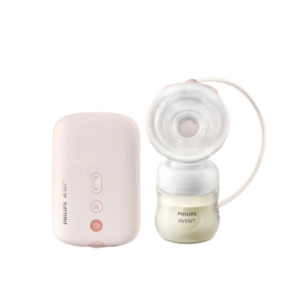 Philips Avent single electric breast pump in blush pink showing motor unit with control buttons, clear bottle with milk, and soft silicone cushion attached via tubing.