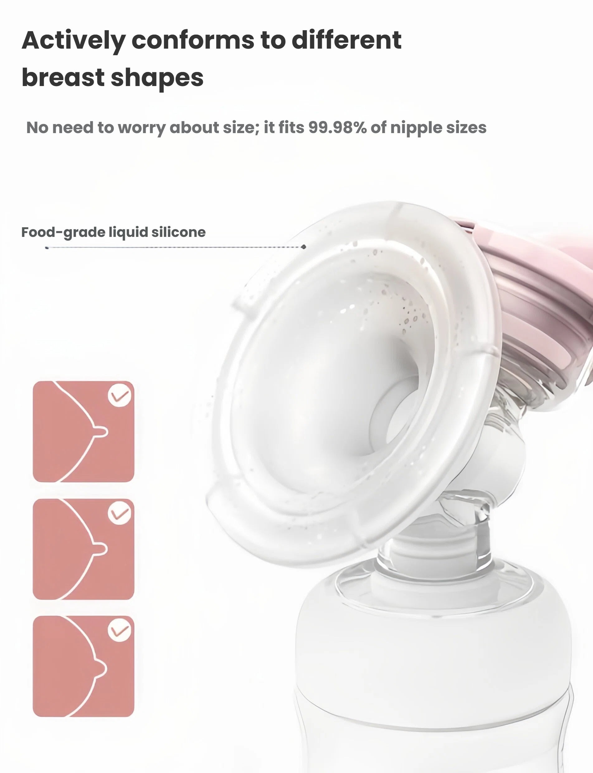 Close-up of Philips Avent food-grade liquid silicone cushion designed to conform to different breast shapes and nipple sizes, with icons showing compatibility across various profiles.