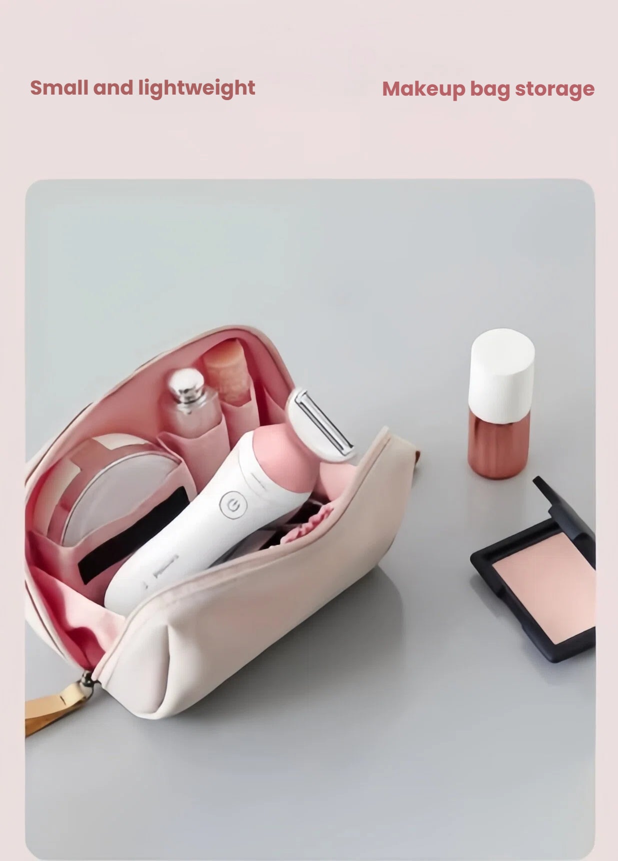 Philips Lady Shaver BRL146 stored in a makeup bag, highlighting its small, lightweight, and portable design.