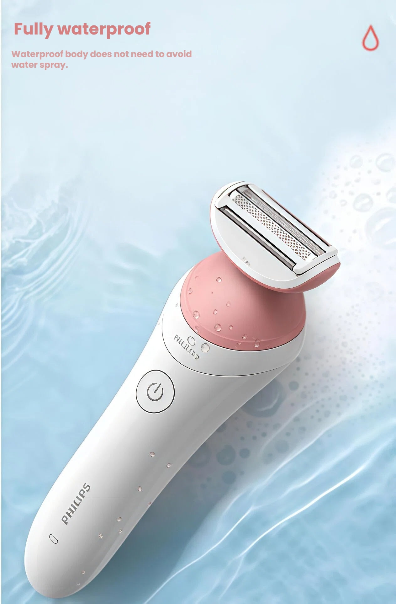  Philips Lady Shaver BRL146 demonstrating its fully waterproof feature, suitable for wet shaving.