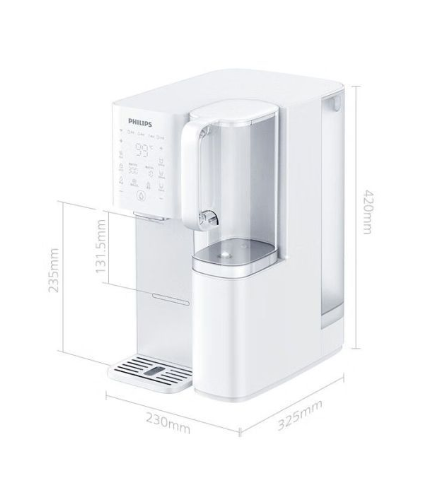  A clear diagram showing the precise measurements of the Philips desktop instant hot water and filtration system, which is 420mm high, 325mm deep, and 230mm wide.