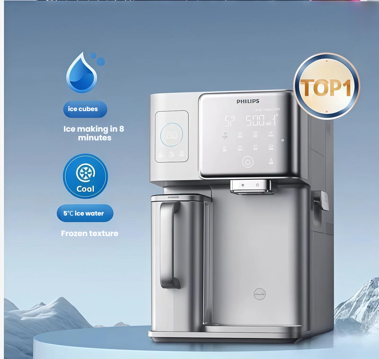  The premium Philips all-in-one water station and ice maker, highlighting its key features like fast ice making in 8 minutes and dispensing crisp, 5°C ice water.
