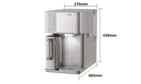 A clear schematic showing the precise measurements of the Philips Reverse Osmosis Water Station, which is 430mm in height, 465mm in depth, and 270mm in width.