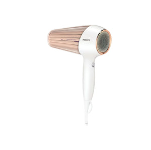 Philips DryCare Prestige hairdryer in elegant white and rose gold design, featuring Moisture Protect technology and intelligent heat control for healthy, shiny hair.