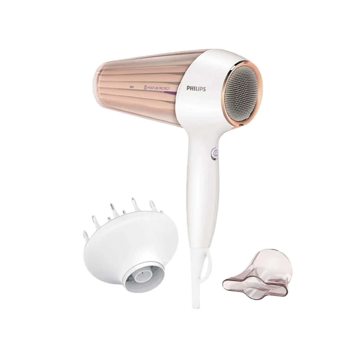 Philips DryCare Prestige hairdryer set with professional diffuser for curly hair and concentrator nozzle for precise styling and fast drying.
