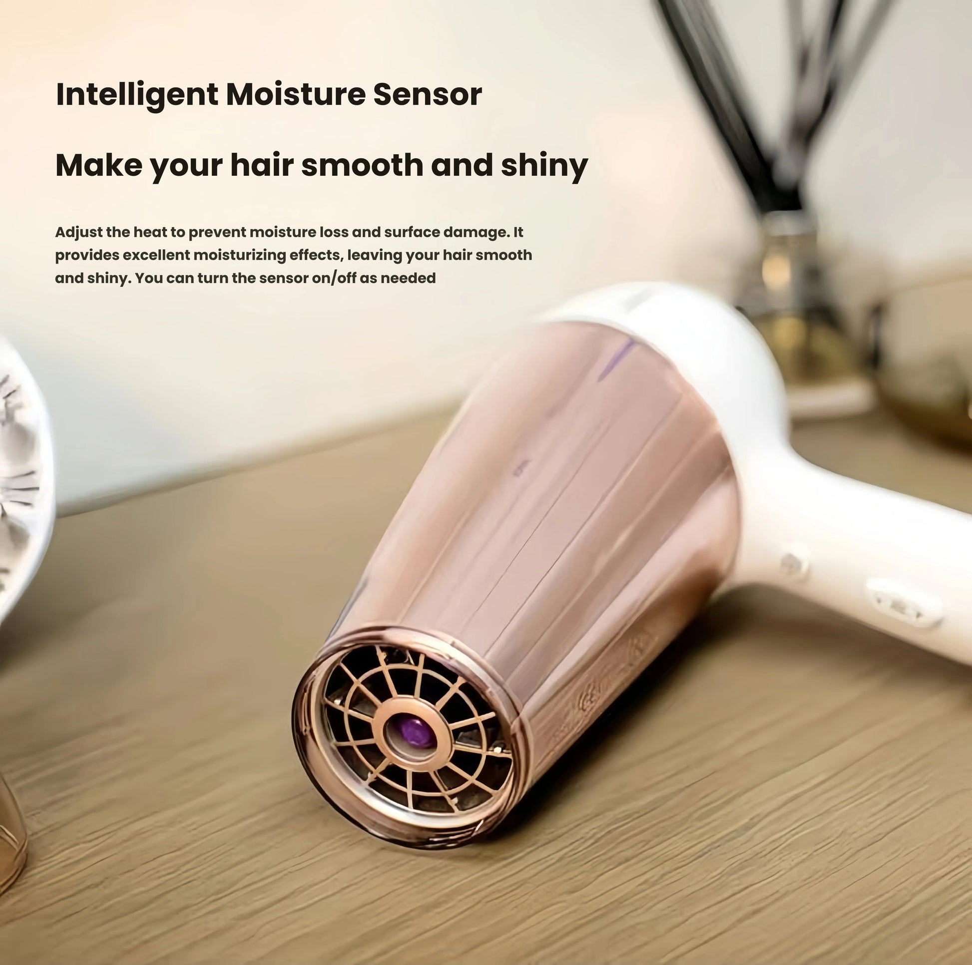 Close-up of Philips DryCare Prestige hairdryer’s intelligent moisture sensor, designed to detect hair moisture levels and adjust heat automatically to prevent damage and enhance shine.
