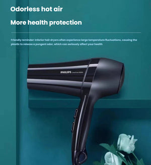Philips DryCare Pro hairdryer with odorless hot air technology—engineered to maintain stable temperature and avoid harmful plastic fumes for safer, healthier drying.