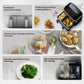  A collage showcasing the versatile features of the Philips dual basket airfryer, including its parallel-compartment design, ability to bake, fry, and steam, innovative hybrid steam frying, and high-temperature steam self-cleaning.
