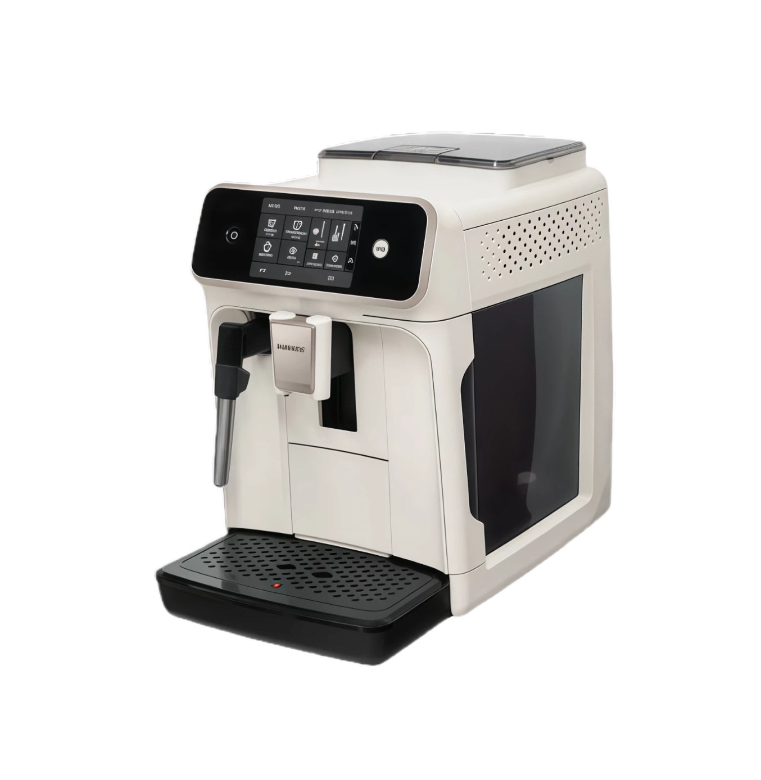 Philips 1200 series EP1221 espresso machine with digital display and milk frother, showcasing a sleek modern design