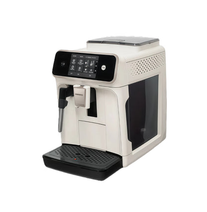 Philips 1200 series EP1221 espresso machine with digital display and milk frother, showcasing a sleek modern design