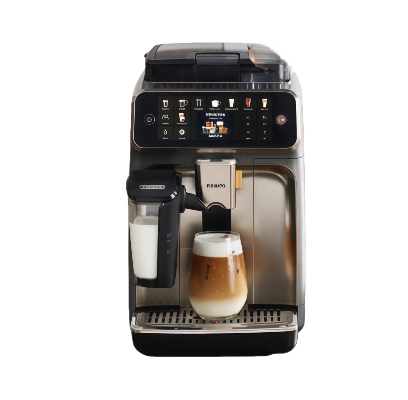 Philips 5500 Series EP5541 LatteGo espresso machine with a digital display, milk frother, and a cup of latte