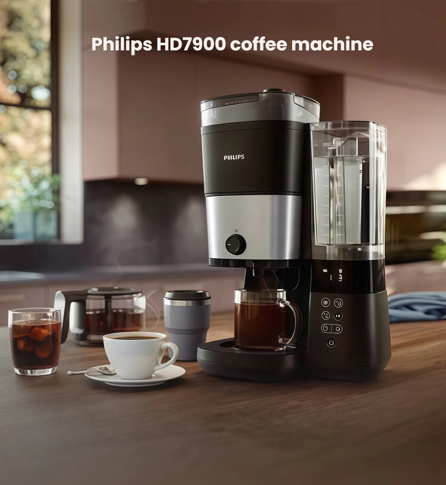 Philips HD7900 coffee machine placed on a wooden countertop in a modern kitchen setting, surrounded by various coffee cups