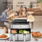  A lifestyle image of the Philips Dual Basket Airfryer on a kitchen counter with various cooked dishes, highlighting its major launch features like "air steam" and "Innovative Hybrid Steam Fryer" for serving two dishes at the same time.