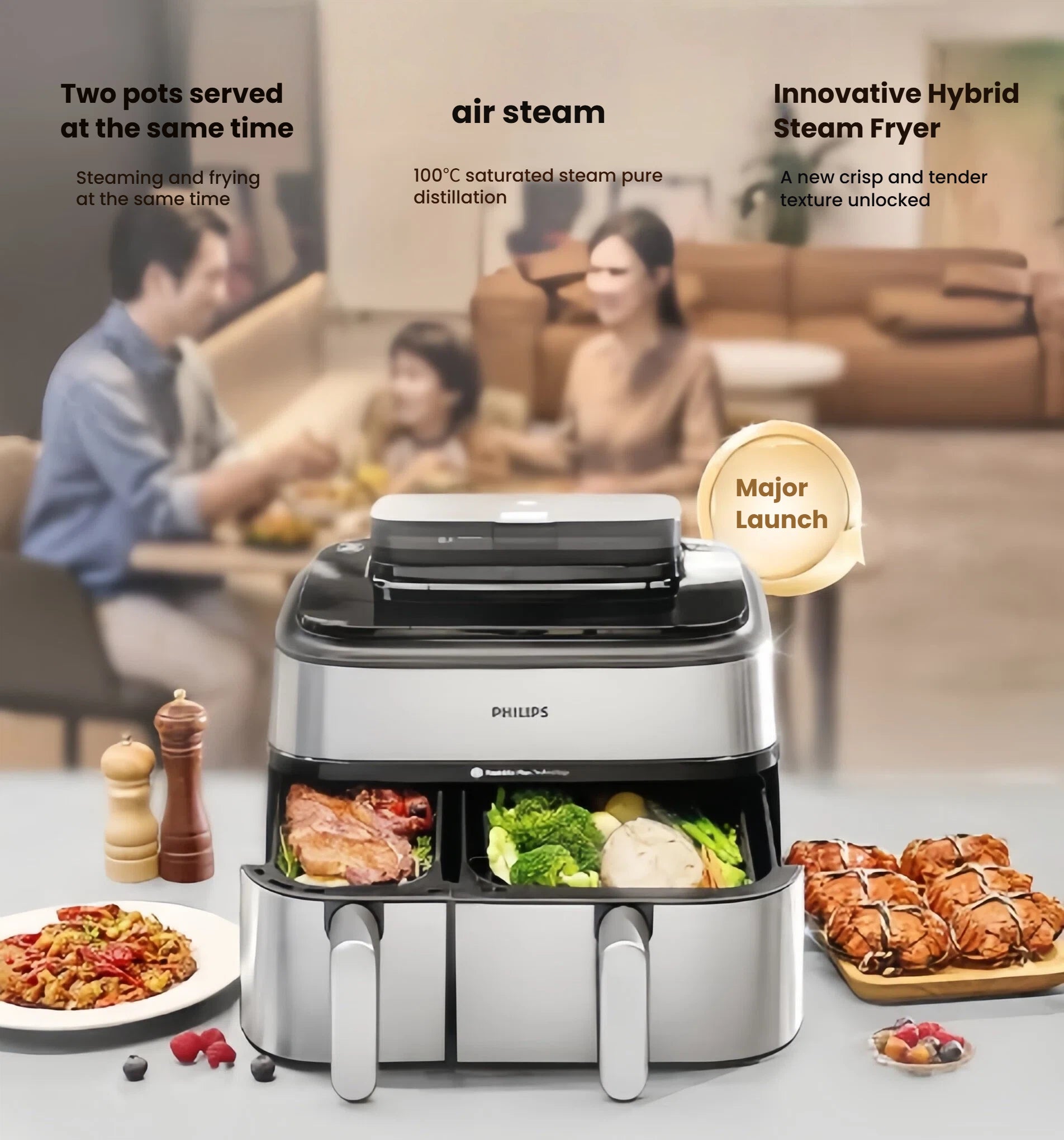  A lifestyle image of the Philips Dual Basket Airfryer on a kitchen counter with various cooked dishes, highlighting its major launch features like "air steam" and "Innovative Hybrid Steam Fryer" for serving two dishes at the same time.