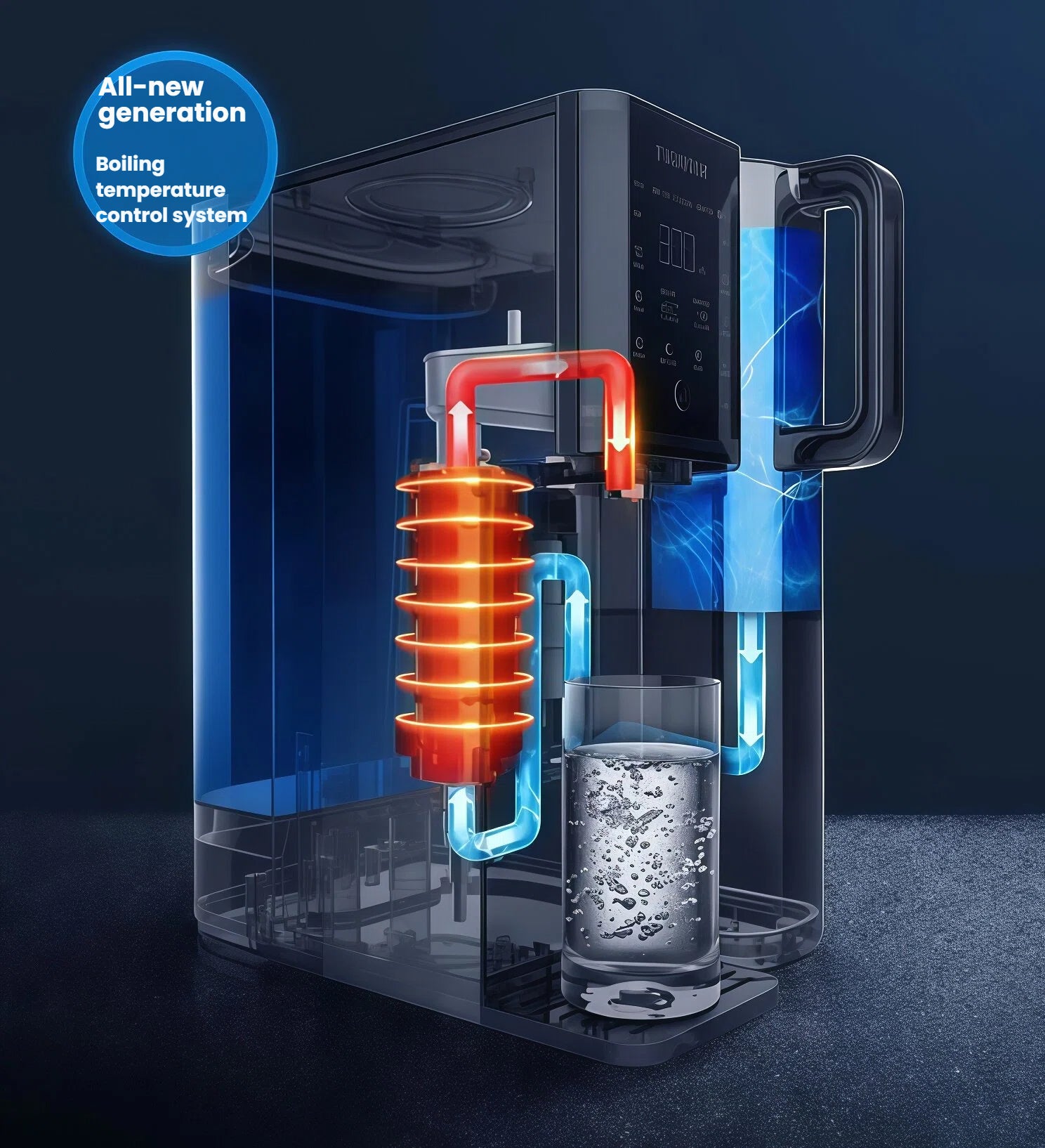 A technical cutaway diagram of the Philips water machine illustrating its all-new generation boiling temperature control system for delivering instant hot water on demand.