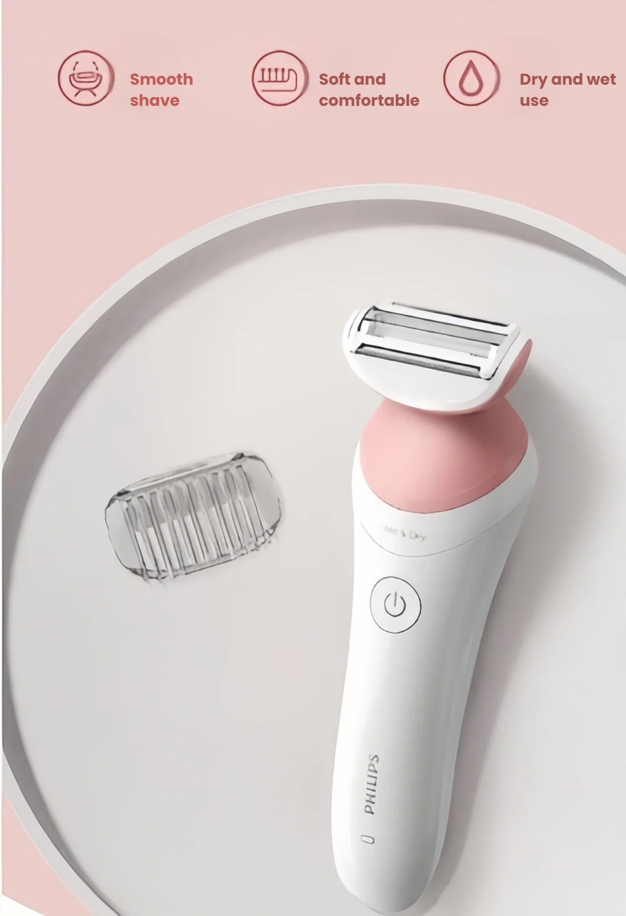 Philips Lady Shaver BRL146 highlighting smooth shave, soft comfort, and dry/wet use capabilities.