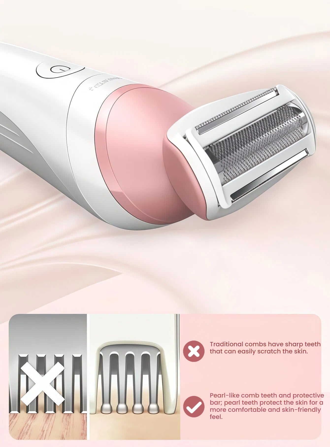 Close-up of Philips Lady Shaver BRL146's pearl-like comb teeth for skin-friendly shaving.