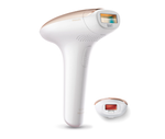 Philips Lumea Advanced IPL hair removal device in sleek white and rose gold finish with built-in skin sensor and LED display for safe, effective at-home hair removal.
